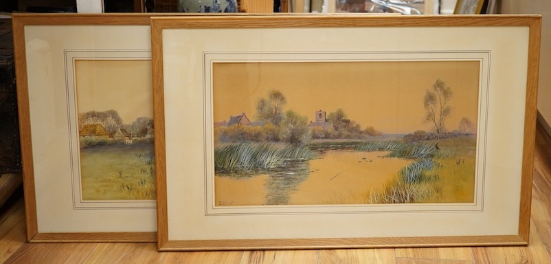 J. Stuart, pair of watercolours, Riverscapes, signed, 30 x 55cm. Condition - fair